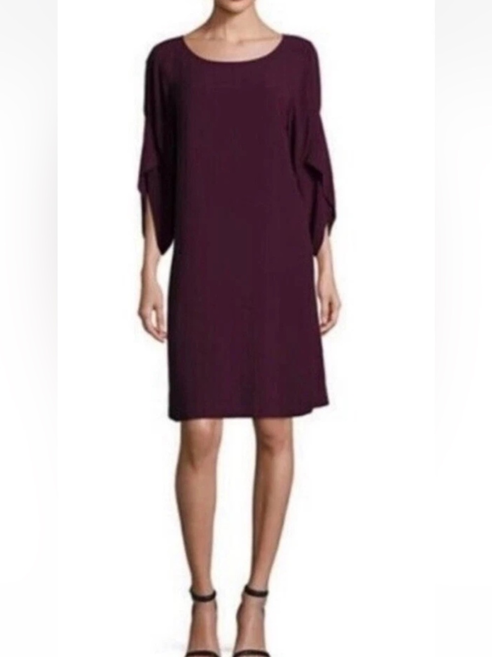 EUC $398 Eileen Fisher 100% Silk Purple Tulip Sleeve Crepe Shift Dress size L